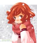  blush haibara_nanaka kami_nomi_zo_shiru_sekai messy_hair orange_eyes orange_hair scarf shinogi_k snow solo 