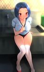  blue_hair blush breasts buruma from_above gym_uniform highres idolmaster idolmaster_(classic) large_breasts legs miura_azusa red_eyes short_hair solo thighhighs yuki_usagi_(mofurafu) 