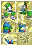 2024 animal_humanoid anthro bandai_namco bulkmon clothing comic digimon digimon_(species) digital_drawing_(artwork) digital_media_(artwork) evolution evolution_(transformation) hi_res humanoid male mario_bros nintendo peeling regulartf scalie scalie_humanoid sequence solo species_transformation torn_clothing transformation transformation_sequence transformation_through_technology wireframe yoshi
