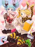  aqua_eyes aqua_hair black_legwear blonde_hair chocolate hair_ornament hair_ribbon hairclip hatsune_miku heart highres hima_(ab_gata) jumping kagamine_rin long_hair multiple_girls necktie one_eye_closed pantyhose plaid plaid_scarf ribbon scarf school_uniform shoes siblings smile striped striped_legwear thighhighs twintails vocaloid water_gun yellow_legwear zettai_ryouiki 