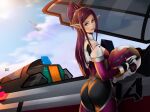  1girl armor ass blue_eyes blue_sky bodysuit canopy_(aircraft) cloud contrail english_commentary esteban_barrientos fleet flying helmet highres holding holding_helmet lips looking_at_viewer looking_back macross macross_delta mirage_farina_jenius pilot_suit pointy_ears ponytail purple_hair science_fiction shoulder_armor signature sky space_helmet spacesuit sun sunlight variable_fighter vf-31 
