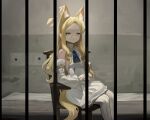  1girl absurdres animal animal_ear_fluff animal_ears animal_on_arm bird blonde_hair blue_archive brown_eyes chair closed_mouth detached_sleeves dokomon dress forehead halo highres indoors long_hair long_sleeves mattress on_chair pantyhose parted_bangs prison prison_cell puffy_long_sleeves puffy_sleeves seia_(blue_archive) silent_hill_(series) silent_hill_1 sleeveless sleeveless_dress sleeves_past_fingers sleeves_past_wrists solo striped_clothes striped_pantyhose tail vertical-striped_clothes vertical-striped_pantyhose very_long_hair white_dress white_pantyhose white_sleeves 
