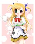  apron blonde_hair cup flipper hair_ribbon heterochromia long_hair lyrical_nanoha mahou_shoujo_lyrical_nanoha_vivid ribbon sacred_heart school_uniform smile solo st._hilde_academy_of_magic_uniform teacup teapot tray two_side_up vivio 