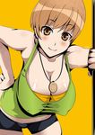  bad_id bad_pixiv_id bike_shorts blush breasts brown_eyes brown_hair cleavage covered_nipples hand_on_hip huge_breasts jewelry leaning_forward miyamoto_issa pendant persona persona_4 satonaka_chie shirt short_hair smile solo tank_top taut_clothes taut_shirt tomboy 
