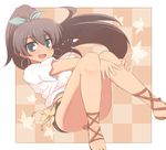  :d ankle_lace-up black_hair blue_eyes blush bow checkered checkered_background cross-laced_footwear earrings flower ganaha_hibiki hair_bow hoop_earrings idolmaster idolmaster_(classic) jewelry legs long_hair necklace open_mouth ponytail sandals shoes short_shorts shorts smile solo van-s 