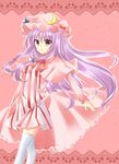  blush crescent dress hat highres long_hair patchouli_knowledge purple_eyes purple_hair solo thighhighs touhou yuzuki_(blossom) 