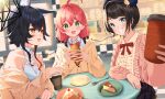  3girls absurdres ahoge animal_ears aqua_eyes aran_sweater arm_on_table arm_rest beret black_hair blush brown_cardigan cable_knit cake cake_slice cardigan collared_shirt dessert elbow_on_table food fork frilled_shirt frills green_eyes grin hat highres holding holding_food hololive indoors komiya_latte long_sleeves looking_at_another looking_at_food looking_at_viewer medium_hair multicolored_hair multiple_girls neck_ribbon official_alternate_costume ookami_mio ookami_mio_(street) oozora_subaru oozora_subaru_(casual) pink_hair pink_sweater plate red_hair red_ribbon ribbon sakura_miko sakura_miko_(casual) shirt short_hair sleeveless sleeveless_sweater smile spiked_hair sweater table taiyaki twintails virtual_youtuber wagashi white_shirt white_sweater wolf_ears wolf_girl yellow_cardigan yellow_eyes 