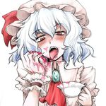  bat_wings blue_hair cup fangs food fruit hat naui_kudan pie red_eyes remilia_scarlet short_hair solo strawberry teacup touhou wings 