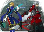  bad_id bad_pixiv_id black_pants blazblue blonde_hair blue_footwear boots copyright_name green_eyes heterochromia jin_kisaragi left-handed male_focus multiple_boys noran ootachi pants ragna_the_bloodedge silver_hair sword weapon yukianesa 