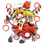  bad_id bad_pixiv_id blonde_hair blush chibi danmaku dress fang flandre_scarlet hat hat_ribbon laevatein open_mouth pasutel red_dress red_eyes ribbon short_hair side_ponytail simple_background smile solo touhou v_arms wings 