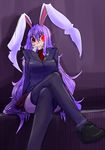  animal_ears blazer bunny_ears crossed_legs glowing glowing_eyes haiiro_gundan jacket long_hair necktie purple_hair red_eyes reisen_udongein_inaba sitting skirt smile solo thighhighs touhou very_long_hair zettai_ryouiki 