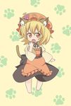  aki_minoriko animal_ears apron azuma_takeshi_(andon_kandelaar) blonde_hair blush cat_ears cat_tail fang food fruit grapes hat highres kemonomimi_mode open_mouth paw_print simple_background solo tail touhou 