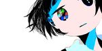  bangs black_eyes black_hair blue_dress blunt_bangs checkered close-up dress head heterochromia looking_at_viewer matsuo_mono multicolored multicolored_eyes original short_hair simple_background solo upper_body white_background 