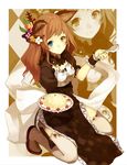  animal_ears blue_eyes blush boots brown_hair checkered copyright_request face flower food hair_flower hair_ornament heterochromia kneeling long_hair plate shirabi side_slit smile solo spoon thigh_boots thighhighs wrist_cuffs yellow_eyes zoom_layer 