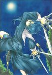  arched_back ass between_fingers black_keys blue_dress blue_hair ciel clr dress dual_wielding from_behind full_moon green_eyes holding holding_sword holding_weapon long_sleeves looking_at_viewer melty_blood moon night short_hair solo sword tsukihime weapon 