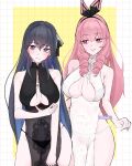  2girls alternate_costume ayla:_kaleido_(pgr) ayla_(pgr) black_dress black_hair black_panties blue_hair breasts cleavage colored_inner_hair dress drill_hair highres large_breasts long_hair medium_breasts multicolored_hair multiple_girls panties pink_eyes pink_hair punishing:_gray_raven purple_eyes see-through_clothes see-through_dress selena_(pgr) side_drill t_tac0 twitter_username underwear very_long_hair white_dress white_panties 