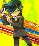  androgynous bad_id bad_pixiv_id black_eyes blue_eyes blue_hair cabbie_hat glasses gun handgun hat persona persona_4 reverse_trap revolver school_uniform shirogane_naoto short_hair solo weapon yukataro 