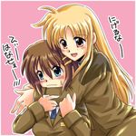  absurdres blonde_hair blue_eyes blush brown_hair fate_testarossa friends highres hug hug_from_behind long_hair lyrical_nanoha mahou_shoujo_lyrical_nanoha_strikers military military_uniform multiple_girls red_eyes san-pon short_hair translated tsab_ground_military_uniform uniform yagami_hayate 