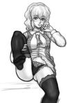  ascot breasts finger_to_mouth greyscale highres impossible_clothes impossible_shirt kazami_yuuka kuro_suto_sukii lace lace-trimmed_panties large_breasts leg_hold leg_up monochrome no_pants panties plaid plaid_vest shirt solo thighhighs touhou underwear vest 