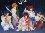  90s black_hair blonde_hair blue_hair bow_(weapon) brown_hair cherry_blossoms date_seiji hashiba_touma japanese_clothes katana kimono male_focus mouri_shin multiple_boys naginata ootachi polearm sanada_ryou shue_rei_fuan spear sword weapon yoroiden_samurai_troopers 