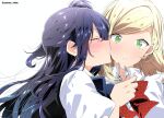  2girls absurdres andro_110k artist_name blonde_hair blue_hair blush bow bowtie closed_eyes green_eyes highres izumi_shiho kiss kissing_cheek long_hair mizuguchi_aki mole mole_under_eye multiple_girls sasayaku_you_ni_koi_wo_utau school_uniform simple_background surprise_kiss surprised upper_body white_background yuri 