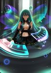  absurdres blue_eyes breasts catstudioinc_(punepuni) center_opening cleavage detached_sleeves elbow_gloves gloves green_hair hatsune_miku highres long_hair medium_breasts musical_note piano_keys reflection skirt solo very_long_hair vocaloid wings 