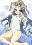  blue_hair crown highres lakshmi_(lord_of_vermilion) long_hair lord_of_vermilion one-piece_swimsuit red_eyes school_swimsuit shi_ecchi solo swimsuit white_school_swimsuit white_swimsuit 