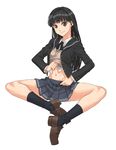  amagami ayatsuji_tsukasa bad_id bad_pixiv_id black_hair brown_eyes grey_skirt indian_style kibito_high_school_uniform legs long_hair long_sleeves navel pleated_skirt school_uniform shirt_lift simple_background sitting skirt socks solo sweater_vest takoyaki_neko-san 