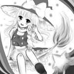  bad_id bad_pixiv_id braid broom broom_riding greyscale hat hat_ribbon head_tilt kirisame_marisa long_hair mizuki_miyu monochrome ribbon single_braid sketch smile solo touhou waving witch_hat 