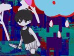  1boy black_eyes black_hair black_tank_top black_thighhighs closed_mouth collarbone colored_skin expressionless holding holding_knife knife mewowem_omo omori omori_(omori) short_hair shorts solo tank_top thighhighs white_shorts white_skin 