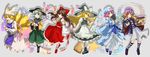  animal_ears blonde_hair bow brown_eyes brown_hair detached_sleeves dress fox_tail gradient_hair green_eyes hair_bow hakurei_reimu hat heart heart_of_string highres hijiri_byakuren japanese_clothes kirisame_marisa komeiji_koishi long_hair multicolored_hair multiple_girls multiple_tails pink_eyes pink_hair saigyouji_yuyuko short_hair silver_hair sorcerer's_sutra_scroll sun_hat tail third_eye touhou witch_hat won_(toufunokado) yakumo_ran yellow_eyes 