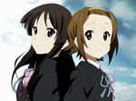  akiyama_mio back-to-back black_eyes black_hair blazer brown_eyes brown_hair cloud day forehead hairband jacket k-on! long_hair multiple_girls ribbon school_uniform short_hair sky smile tainaka_ritsu upper_body yamasaki_wataru 