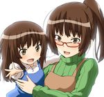  amagami blush brown_eyes brown_hair child glasses green_shirt happy if_they_mated kamizaki_risa long_hair mother_and_daughter multiple_girls older open_mouth ponytail red-framed_eyewear shirt shouji_nigou smile sweater 