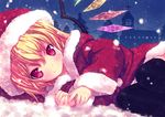  black_legwear blonde_hair fang flandre_scarlet hat kiira red_eyes santa_costume santa_hat solo thighhighs touhou wings 