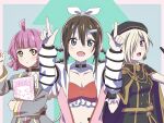  &gt;_&lt; 3girls :&gt; :d ahoge arrow_(symbol) bandeau beret black_cape black_choker black_dress black_hat blonde_hair blue_background blue_eyes blunt_bangs blunt_ends border braid braided_hair_rings breasts brown_hair cape choker cleavage closed_mouth collarbone commentary double_finger_gun drawing_(object) dress expressionless finger_gun frilled_bandeau green_background grey_dress grey_eyes hair_between_eyes hair_over_one_eye hair_rings hat highres holding holding_sketchbook hood hooded_jacket jacket kishimen_hair long_sleeves love_live! love_live!_nijigasaki_high_school_idol_club love_live!_nijigasaki_high_school_idol_club_kanketsu-hen medium_breasts medium_hair mia_taylor multiple_girls myrain56991013 navel official_alternate_costume official_alternate_hairstyle one_eye_covered open_clothes open_jacket open_mouth osaka_shizuku outside_border pink_jacket red_bandeau rina-chan_board short_hair sidelocks sketchbook sleeveless sleeveless_dress sleeveless_jacket smile stars_we_chase_(love_live!) stomach symbol-only_commentary tennoji_rina tsunagaru_connect_(love_live!) two-tone_background white_border 