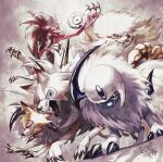  absol arcanine artist_name body_fur brown_fur fangs glint lycanroc lycanroc_(dusk) lycanroc_(midday) lycanroc_(midnight) no_humans oden_(odenzzi) pokemon pokemon_(creature) red_fur unown unown_o white_fur wolf 
