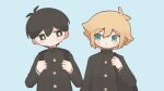  2boys alternate_costume backpack bag basil_(faraway)_(omori) basil_(omori) black_eyes black_hair blonde_hair blue_background blue_eyes blush bright_pupils closed_mouth duffel_bag highres long_sleeves looking_at_another male_focus mewowem_omo multiple_boys omori school_uniform short_hair simple_background sunny_(omori) white_pupils 