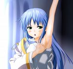  arm_up armpits bad_id bad_pixiv_id blue_hair blush derivative_work dressing face green_eyes index long_hair open_mouth robe safety_pin shirt solo t-shirt taka_(takahirokun) to_aru_majutsu_no_index 