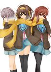  asahina_mikuru black_legwear brown_eyes brown_hair cardigan glasses grey_hair hair_ribbon highres kita_high_school_uniform long_hair multiple_girls nagato_yuki pantyhose ribbon scarf school_uniform serafuku short_hair suzumiya_haruhi suzumiya_haruhi_no_shoushitsu suzumiya_haruhi_no_yuuutsu thighhighs yuki_(sangeki5806) 