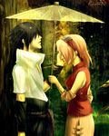  1girl black_hair couple haruno_sakura hetero kivi1230 naruto naruto_(series) pink_hair rain uchiha_sasuke umbrella 