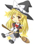  bad_id bad_pixiv_id bow bowtie braid broom broom_riding capelet hat kirisame_marisa long_hair looking_at_viewer nowheresoul red_bow red_neckwear simple_background single_braid solo straddling touhou upright_straddle very_long_hair white_background witch_hat 