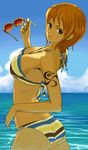  arched_back ass bikini breasts butt_crack day eyewear_removed holding holding_eyewear looking_back nami_(one_piece) one_piece orange_hair outdoors short_hair solo striped striped_bikini sunglasses suyu38 swimsuit tattoo water 
