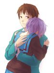  1girl a-ka brown_hair cardigan comforting hug kita_high_school_uniform kyon nagato_yuki purple_hair school_uniform serafuku short_hair suzumiya_haruhi_no_yuuutsu 