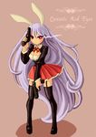  alternate_costume animal_ears bad_id bad_pixiv_id black_legwear breasts bunny_ears cleavage dual_wielding garter_straps glowing glowing_eye gun handgun holding large_breasts lavender_hair long_hair long_sleeves mashiro_kiichi no_nose pistol pleated_skirt red_eyes reisen_udongein_inaba simple_background skirt solo standing thighhighs touhou very_long_hair weapon zettai_ryouiki 