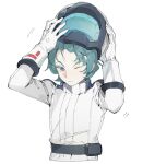  1boy blue_eyes blue_hair bodysuit gloves gundam helmet highres kamille_bidan looking_at_viewer male_focus one_eye_closed pilot_suit removing_helmet short_hair simple_background solo space_helmet upper_body v-shaped_eyebrows white_background white_bodysuit white_gloves xing_20 zeta_gundam 