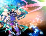  aqua_hair armband armor bad_id bad_pixiv_id blue_eyes earrings ene0 gauntlets greaves hair_over_one_eye hatsune_miku highres jewelry long_hair open_mouth skirt solo sword thighhighs twintails very_long_hair vocaloid weapon 
