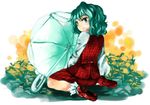  blush from_behind green_hair kazami_yuuka kinosaki looking_back parasol plaid plaid_skirt plaid_vest red_eyes short_hair sitting skirt skirt_set smile socks solo touhou umbrella vest 