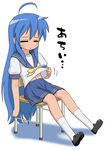  ahoge bad_id bad_pixiv_id blue_hair full_body highres izumi_konata long_hair lucky_star mole mole_under_eye nagian ryouou_school_uniform school_uniform serafuku shirt_lift sitting solo sweat very_long_hair yellow_neckwear 