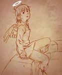  aaru_sentou_shuudan haibane_renmei halo hood hoodie long_sleeves monochrome orange_(color) rakka sitting solo static_cling wings 