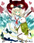  alice_(wonderland) alice_in_wonderland blonde_hair bow bunny cheshire_cat club_(shape) dress fork glowing glowing_eyes green_eyes grin hair_bow heart knife long_hair long_sleeves ogawa_maiko open_mouth oversized_object pocket_watch red_eyes silhouette smile spade_(shape) umbrella watch white_rabbit 